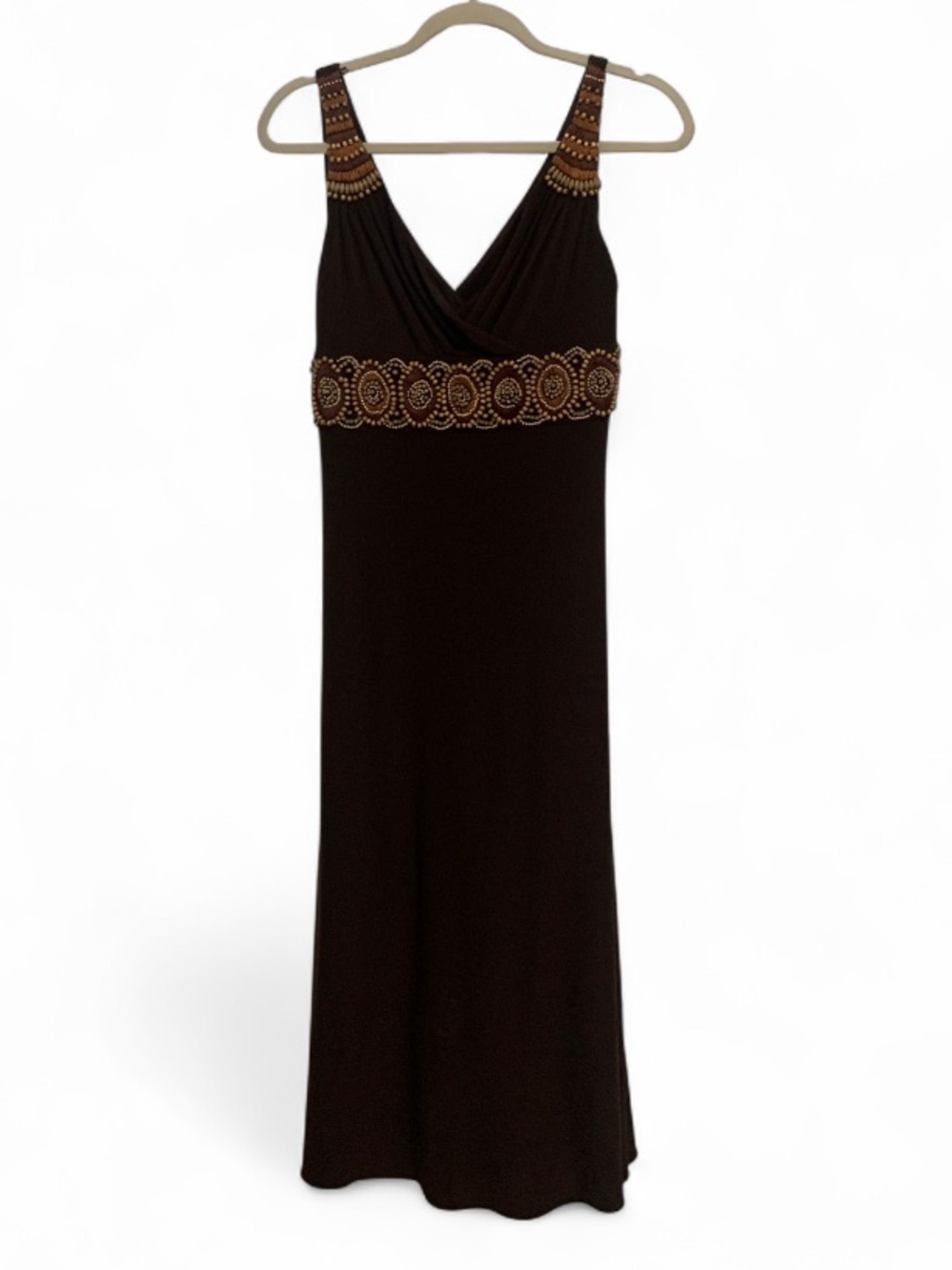Y2K Adrianna Papell Brown Beaded Embellished V-Neck Maxi Dress